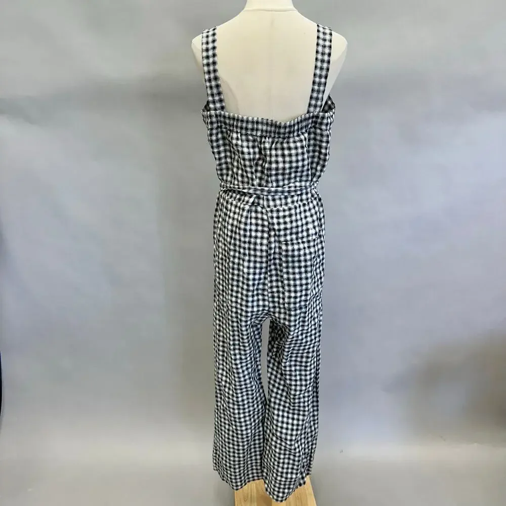 Quince European Linen Square Neck Jumpsuit in Khaki/Black Gingham Medium‎ NWT
